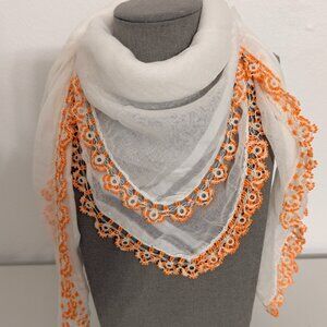 Collectable Traditional Turkish Vintage 40s-50s Oya Scarf White w Orange Beading
